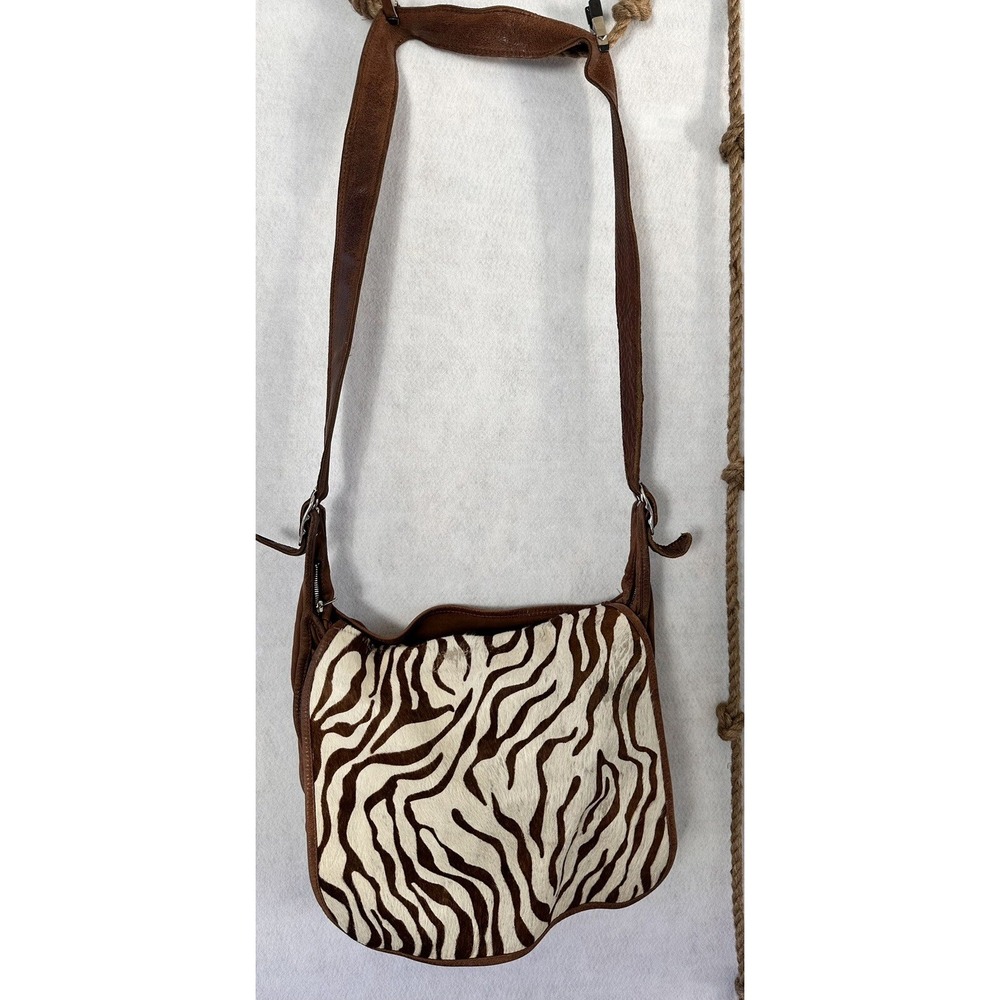 Zebra HOBO Purse Satchel Computer Bag Leather Calf Hair Brown